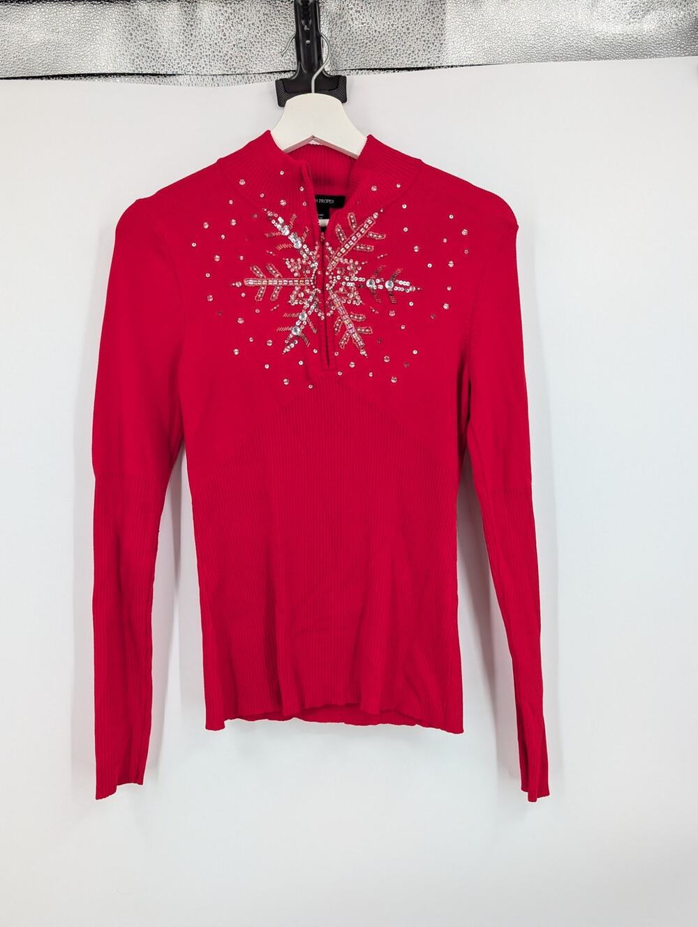 Boston Proper Half Zip Sparkle Snowflake Sweater Medium Holiday Party Christmas
